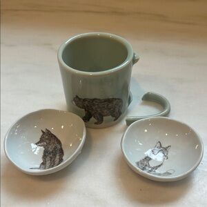 SKT Ceramics Bear Print Mug (broken handle) and wolf and fox Trinket Dish Set